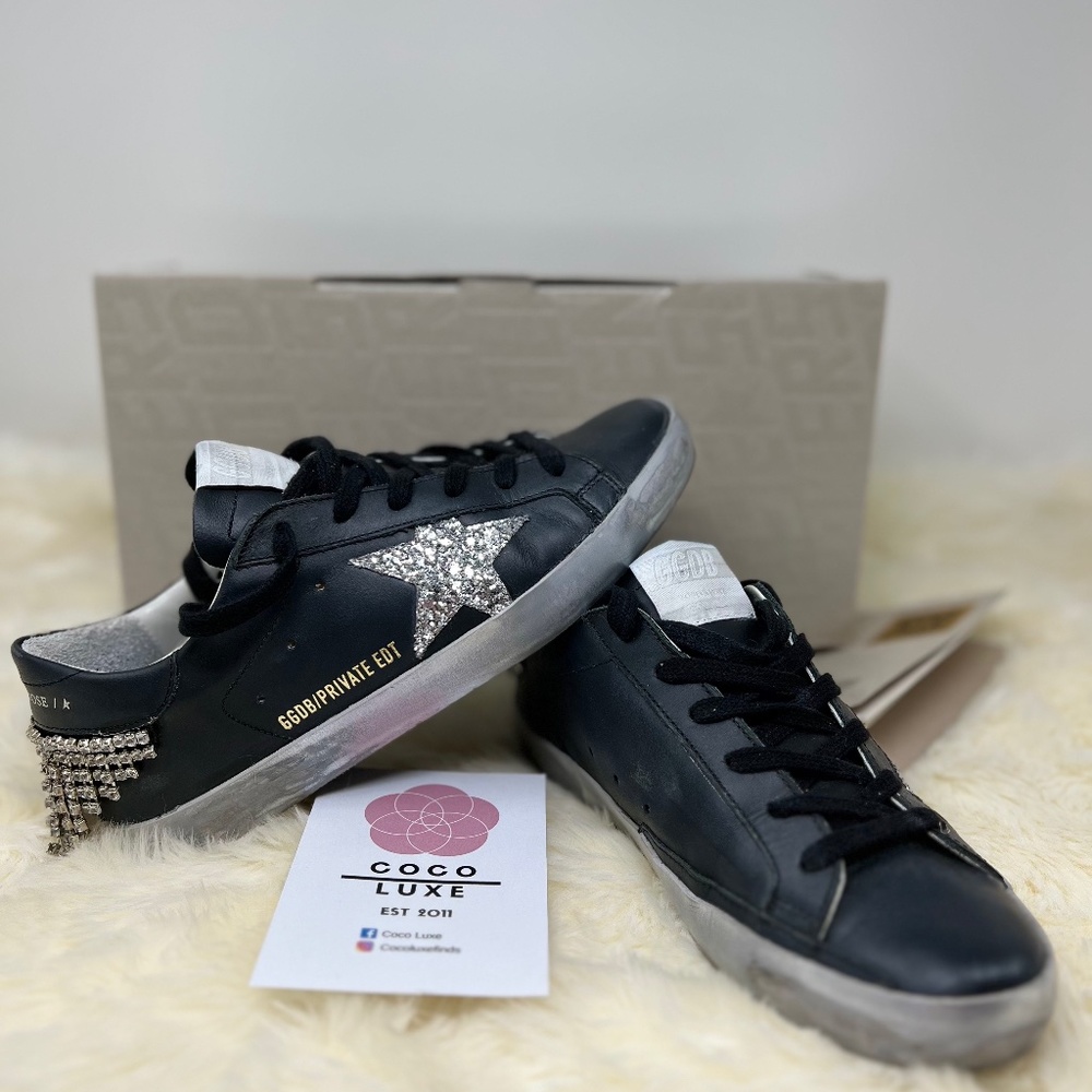 Golden Goose Black Low Top Sneakers with Chain/Crystal